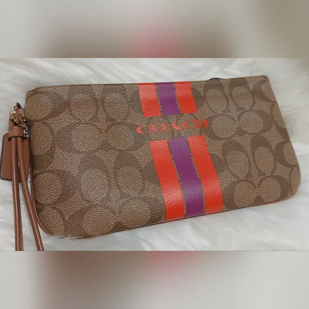Coach Signature Canvas Wristlet with Red and Purple Stripe